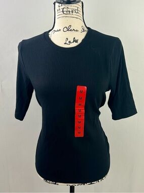 NEW Splendid Black Ribbed Elbow Length Short-Sleeve Top Women's Medium